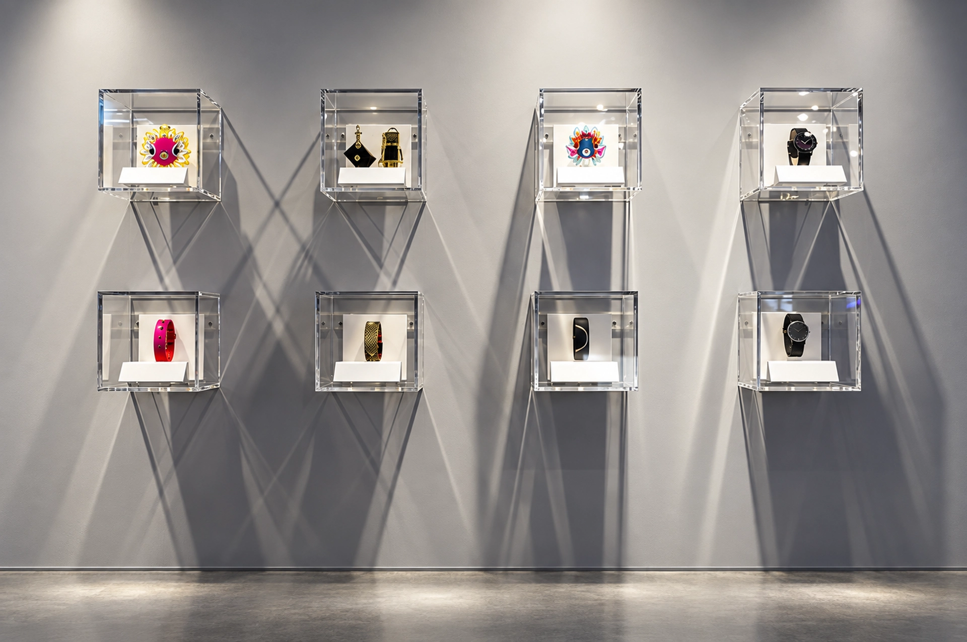 Wall-mounted clear display cases presenting watches, bracelets and small accessories