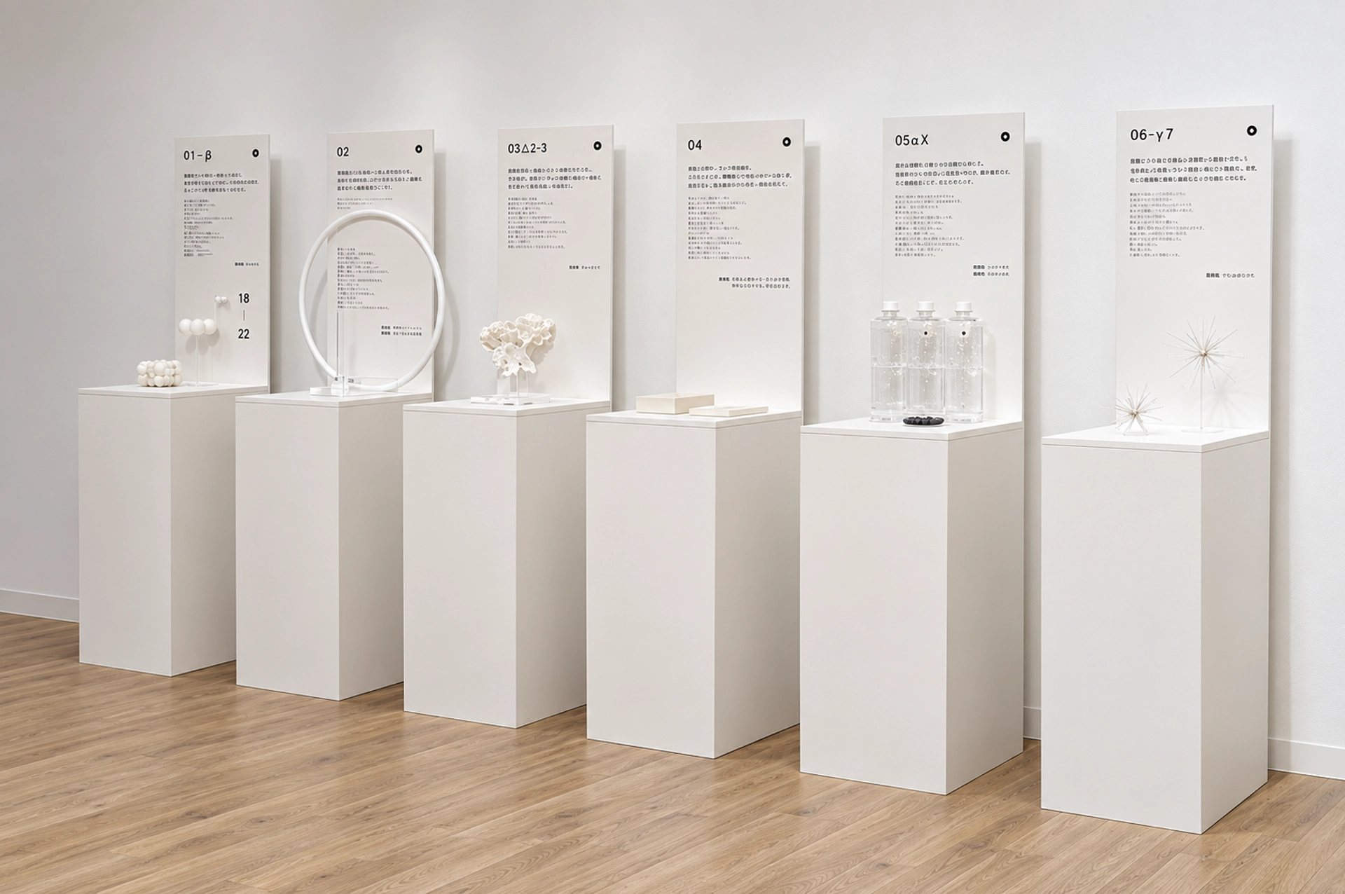 White floor-standing display plinths with tall graphic panels and products