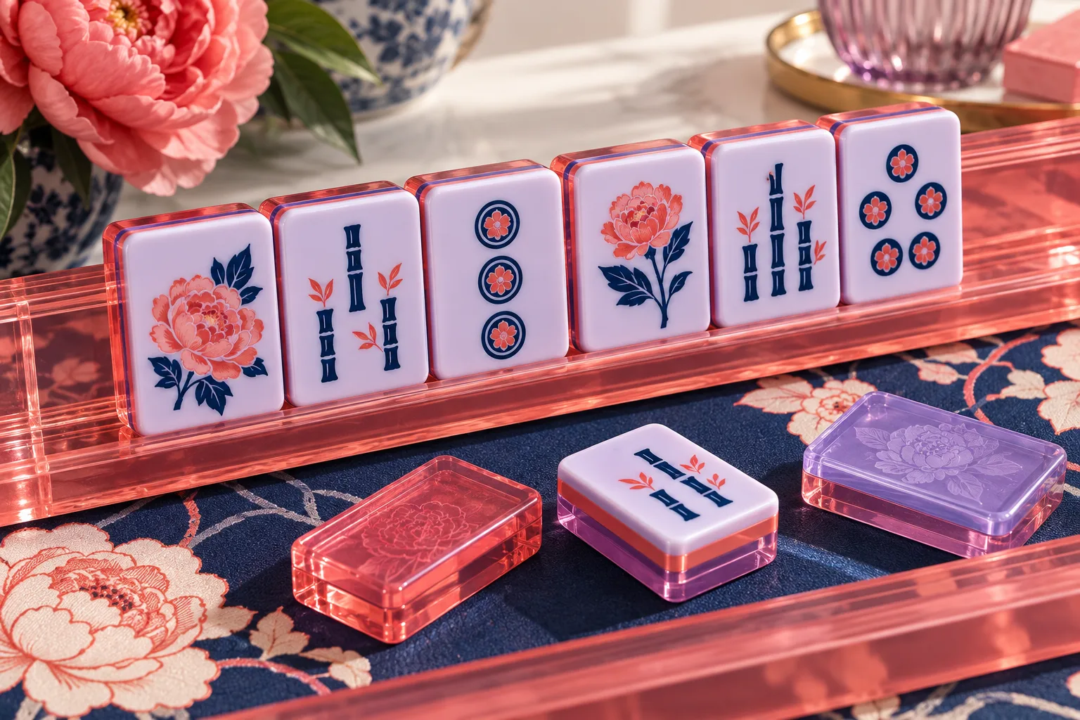Development illustration of acrylic mahjong tiles with coral edges, floral artwork and a navy patterned mat; not a production photograph.