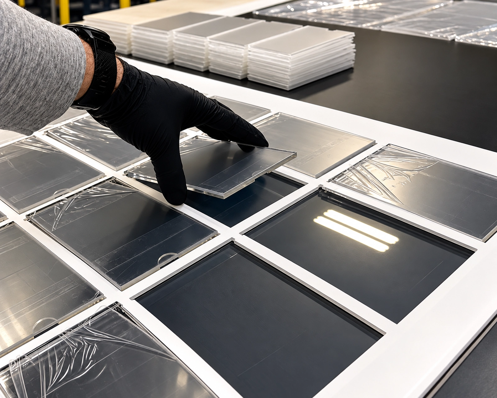 Gloved hand inspecting reflective rectangular panels on a worktable