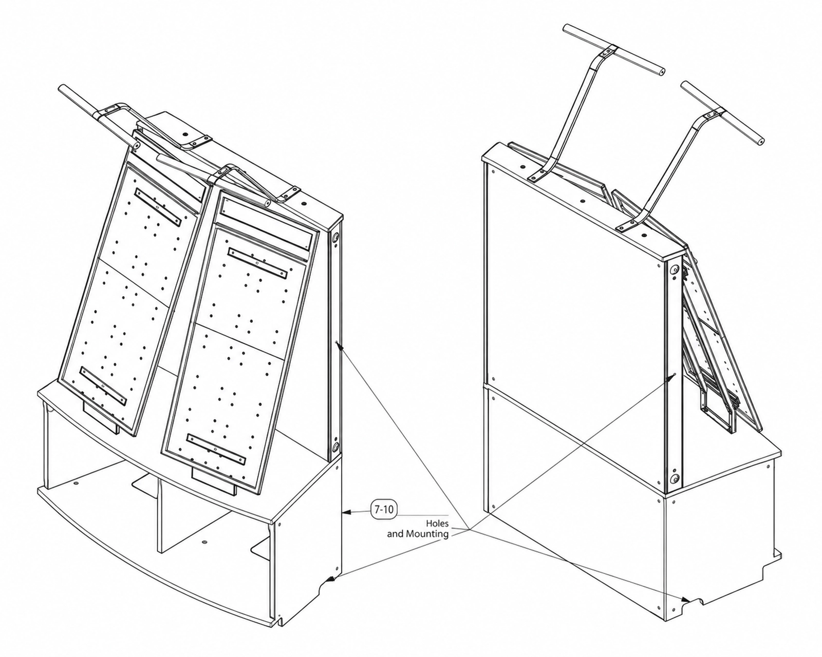 Technical drawings showing front and rear views of a freestanding retail display