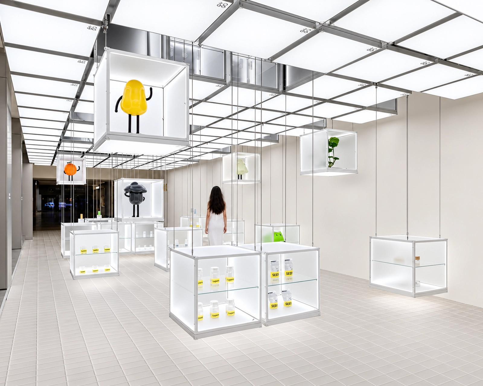 Illuminated white-framed transparent display cases suspended in a retail interior