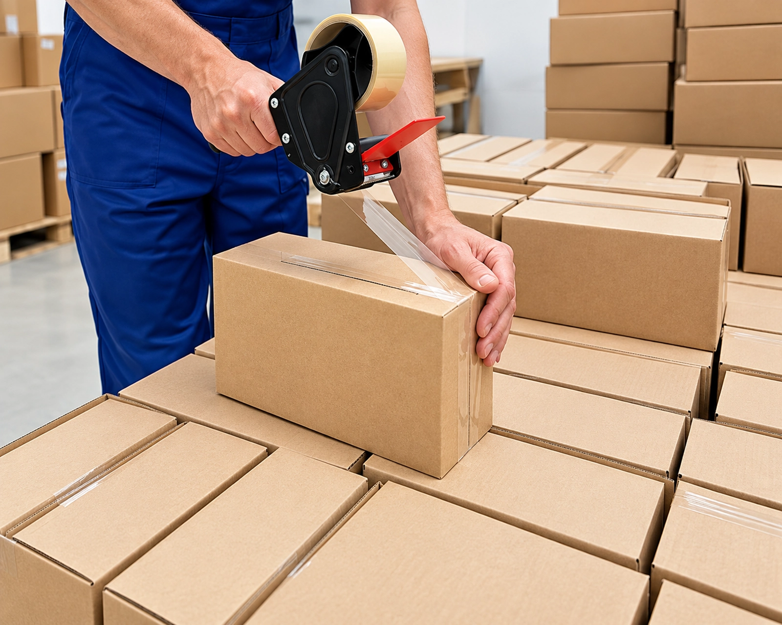 Worker sealing a shipping carton with packing tape among stacked boxes