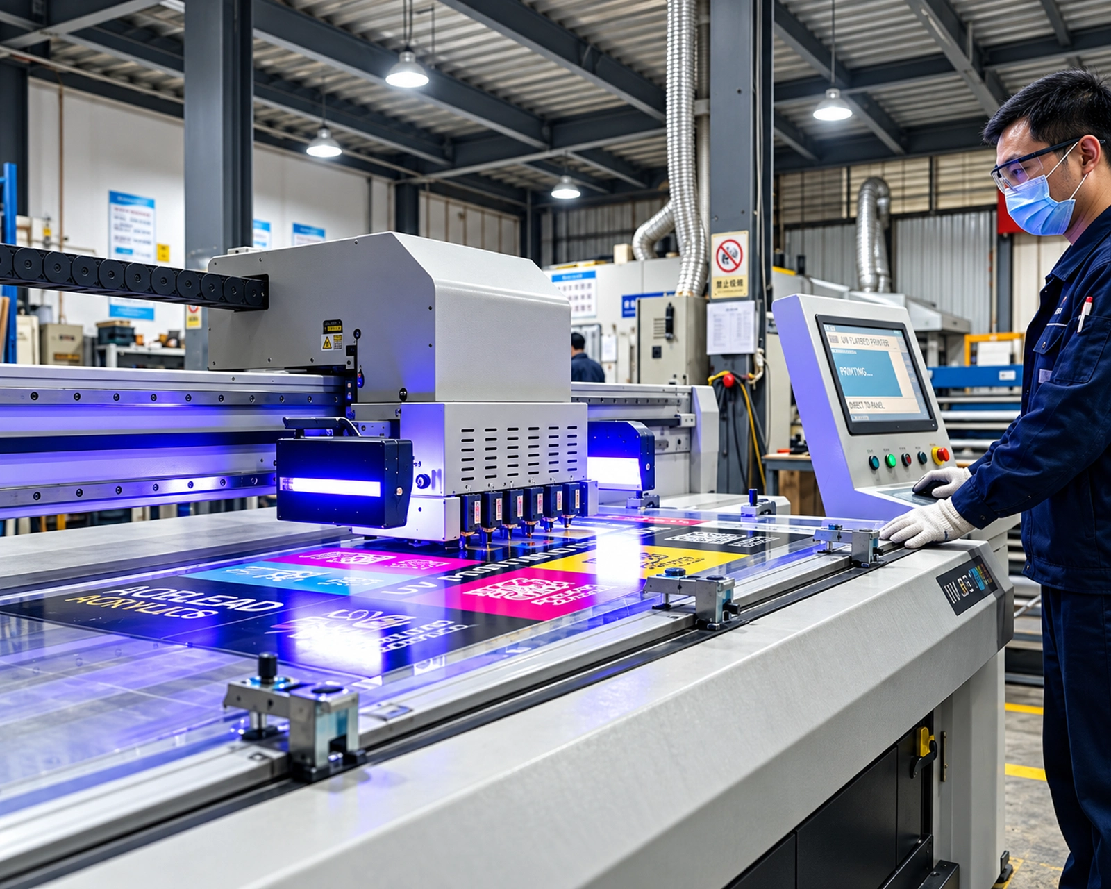 Operator beside a UV flatbed printer applying colorful graphics to a sheet