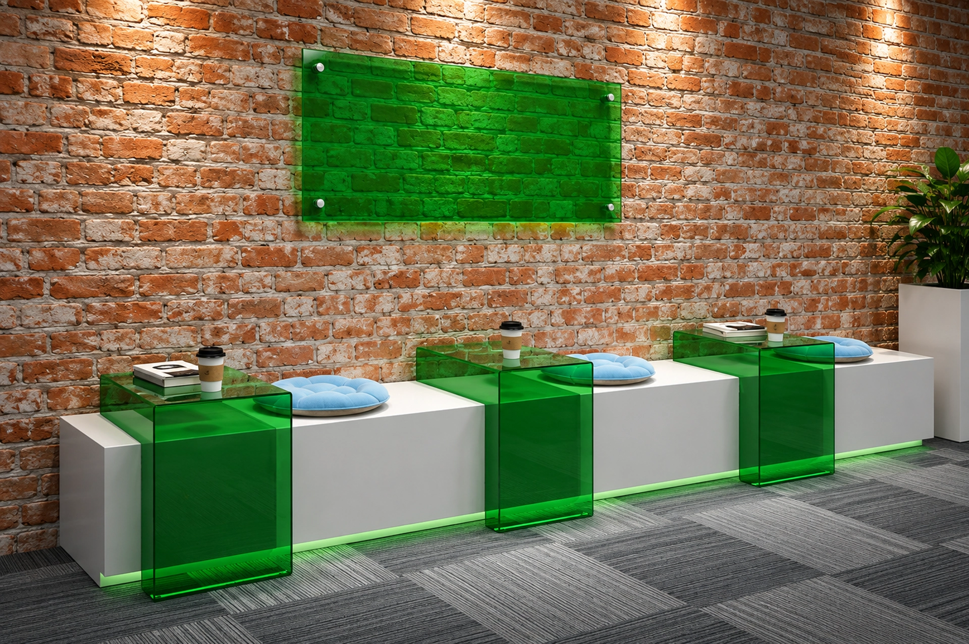 Green transparent panels and tables paired with a white bench against a brick wall