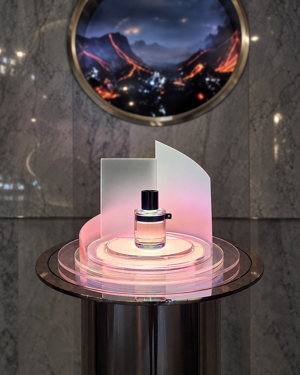 Perfume bottle on an illuminated circular display with translucent curved panels