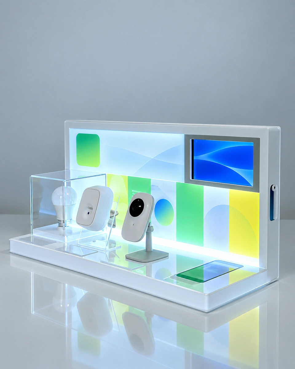 Illuminated countertop display with electronic devices, clear holders and an integrated screen