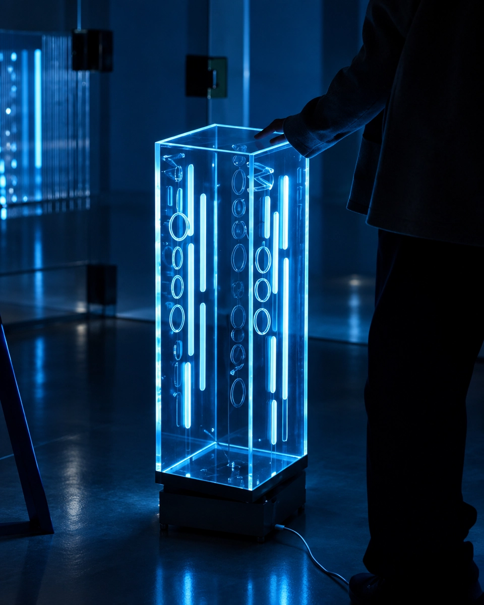 Clear rectangular display with blue illuminated strips and circular details on a black base