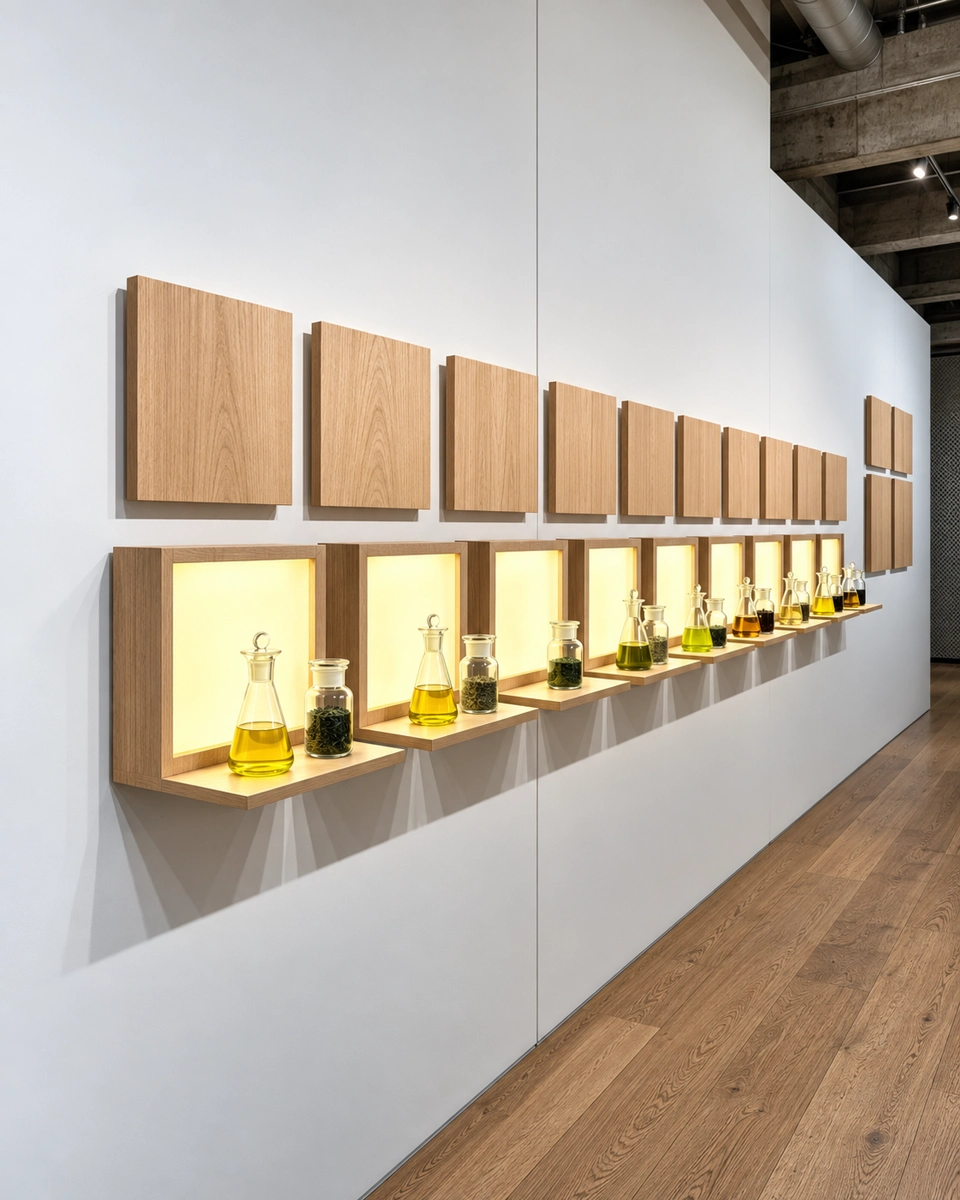Illuminated wood wall-mounted shelves displaying glass bottles