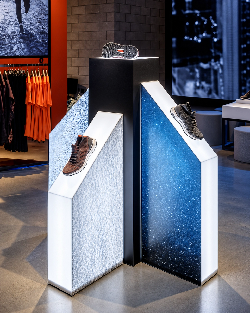 Freestanding shoe display with illuminated angled panels and a central black pedestal