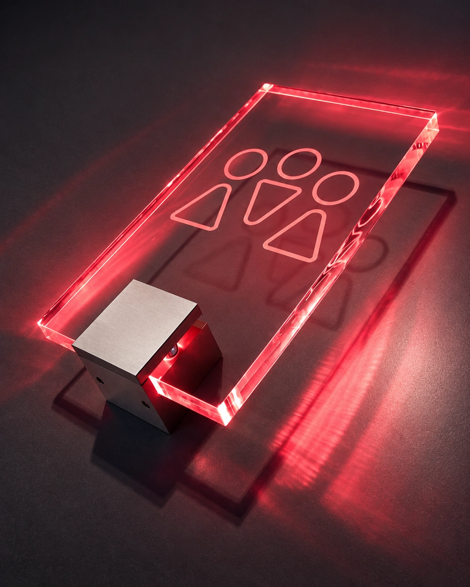 Red illuminated transparent panel with outlined symbols and a brushed metal bracket