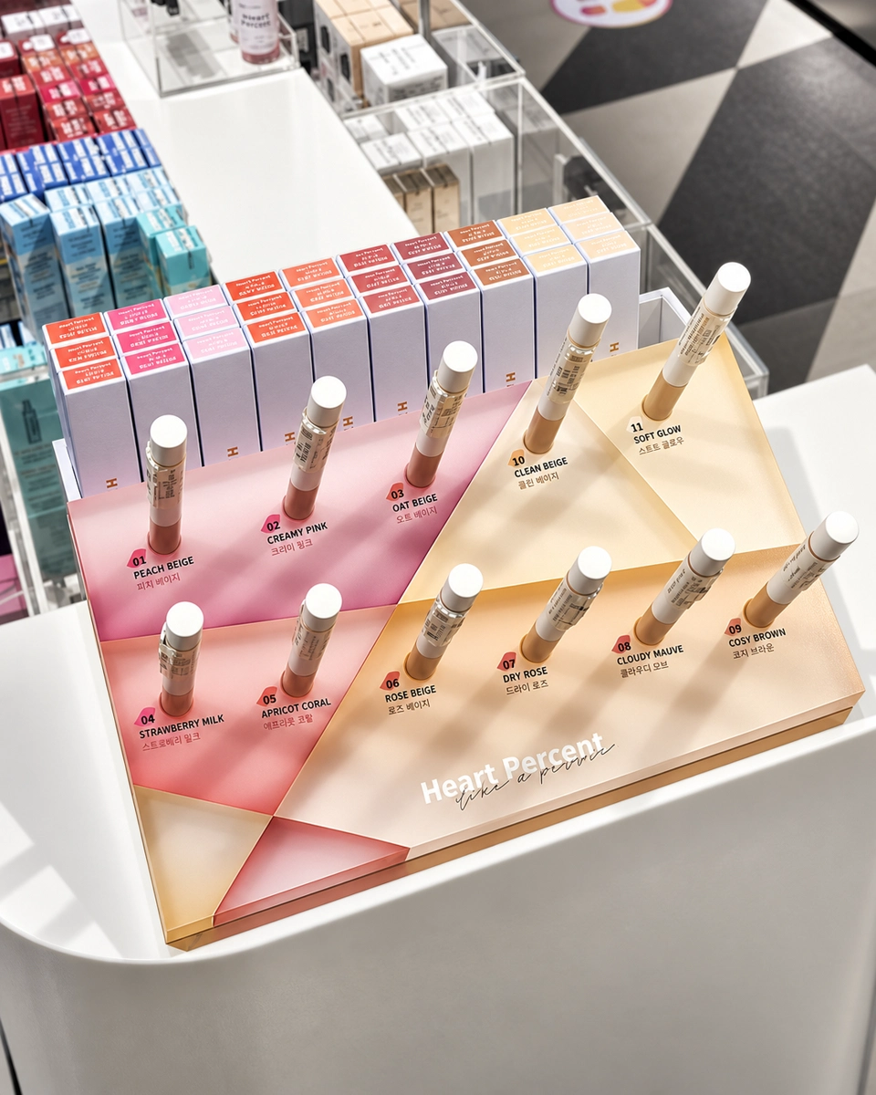 Cosmetics testers arranged on a pink and gold countertop display with boxed products behind