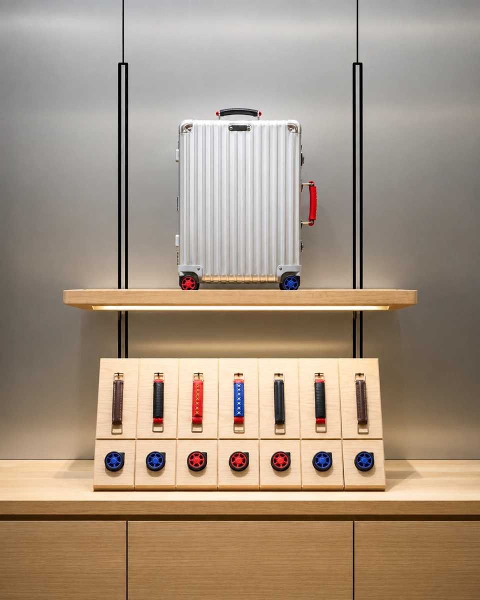 Silver suitcase on an illuminated wooden shelf above luggage handle and wheel samples