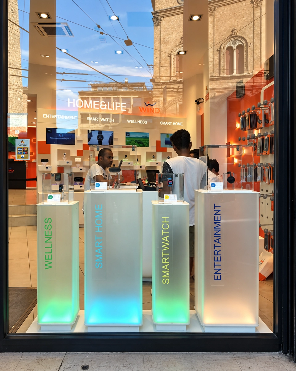 Illuminated freestanding display pedestals presenting small electronic devices in a storefront