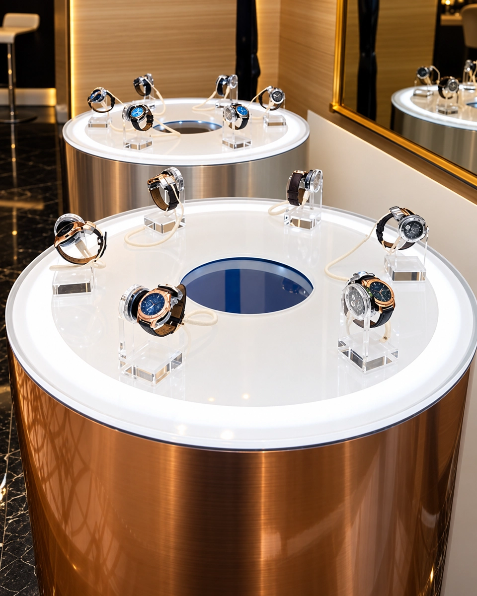 Watches on clear holders around illuminated circular display counters