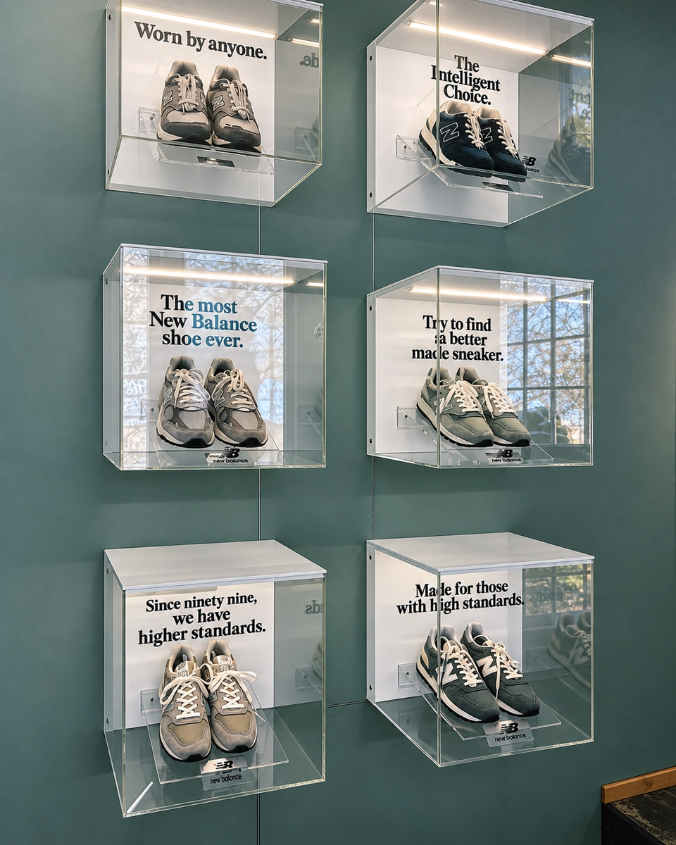 Pairs of sneakers in illuminated transparent wall-mounted display boxes
