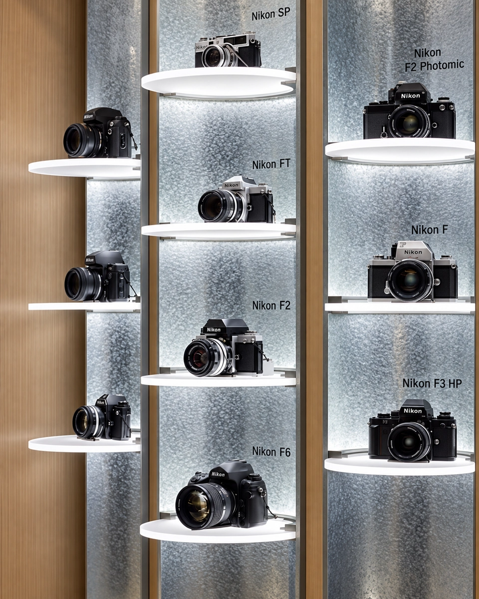 Cameras displayed on staggered illuminated circular wall shelves