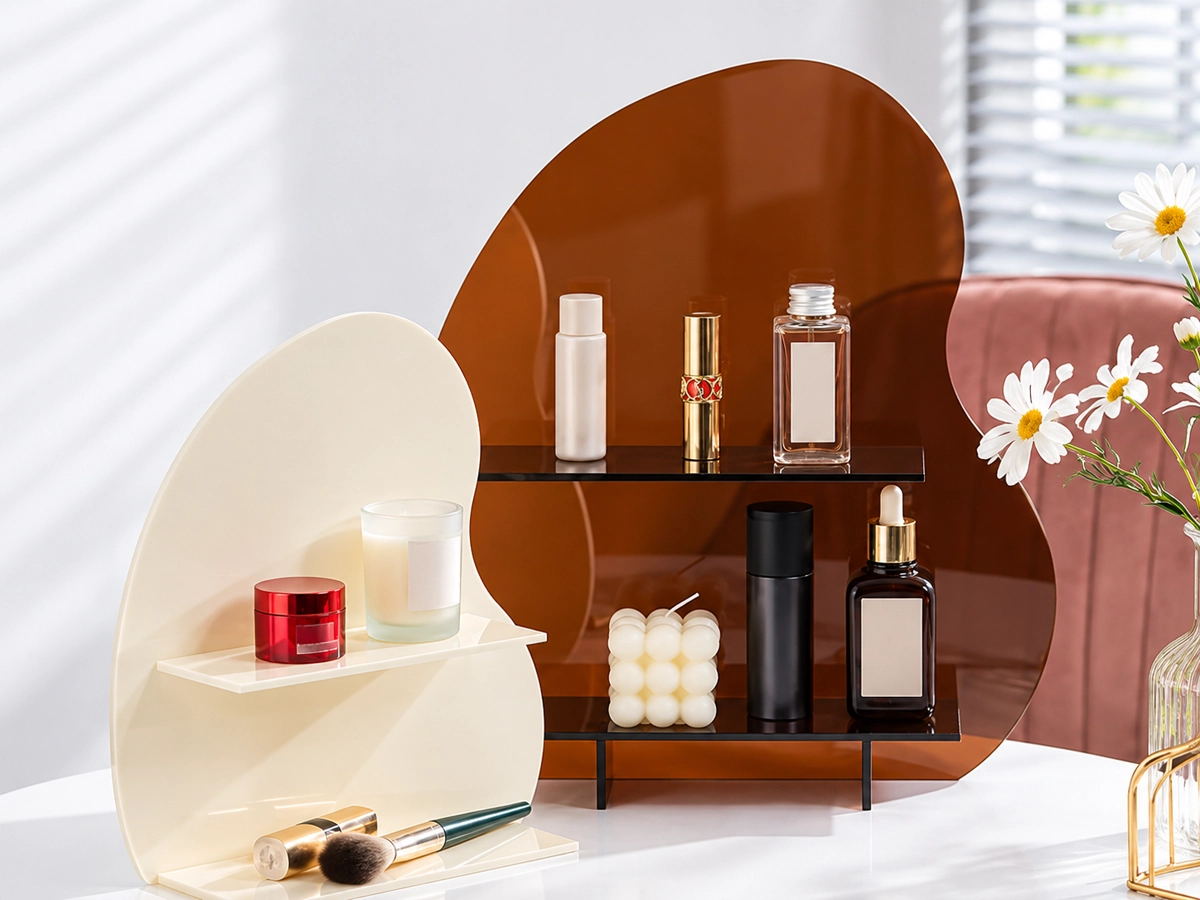 Cosmetic products on cream and amber curved countertop display shelves