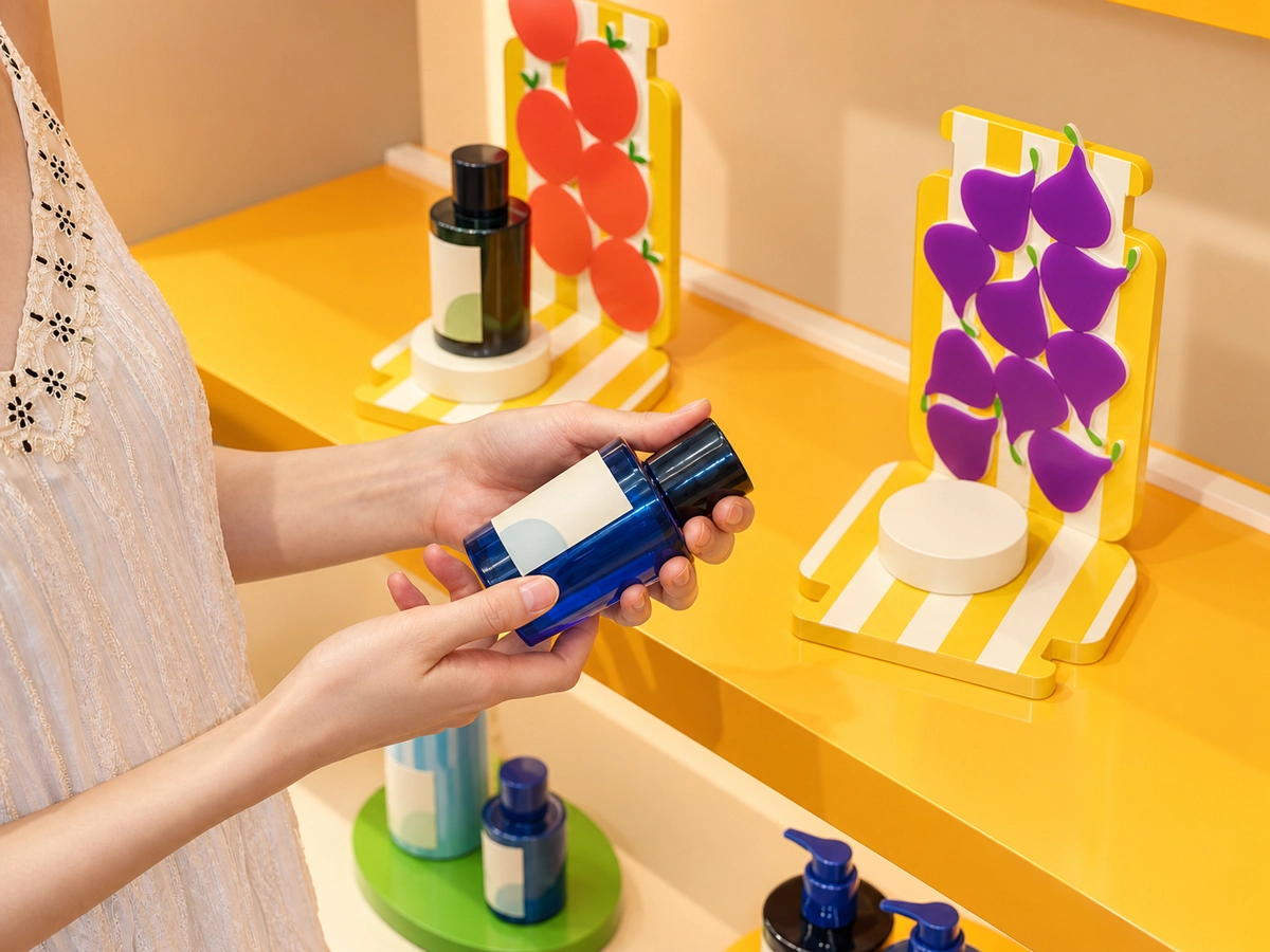 Fragrance bottles with colorful patterned countertop display stands