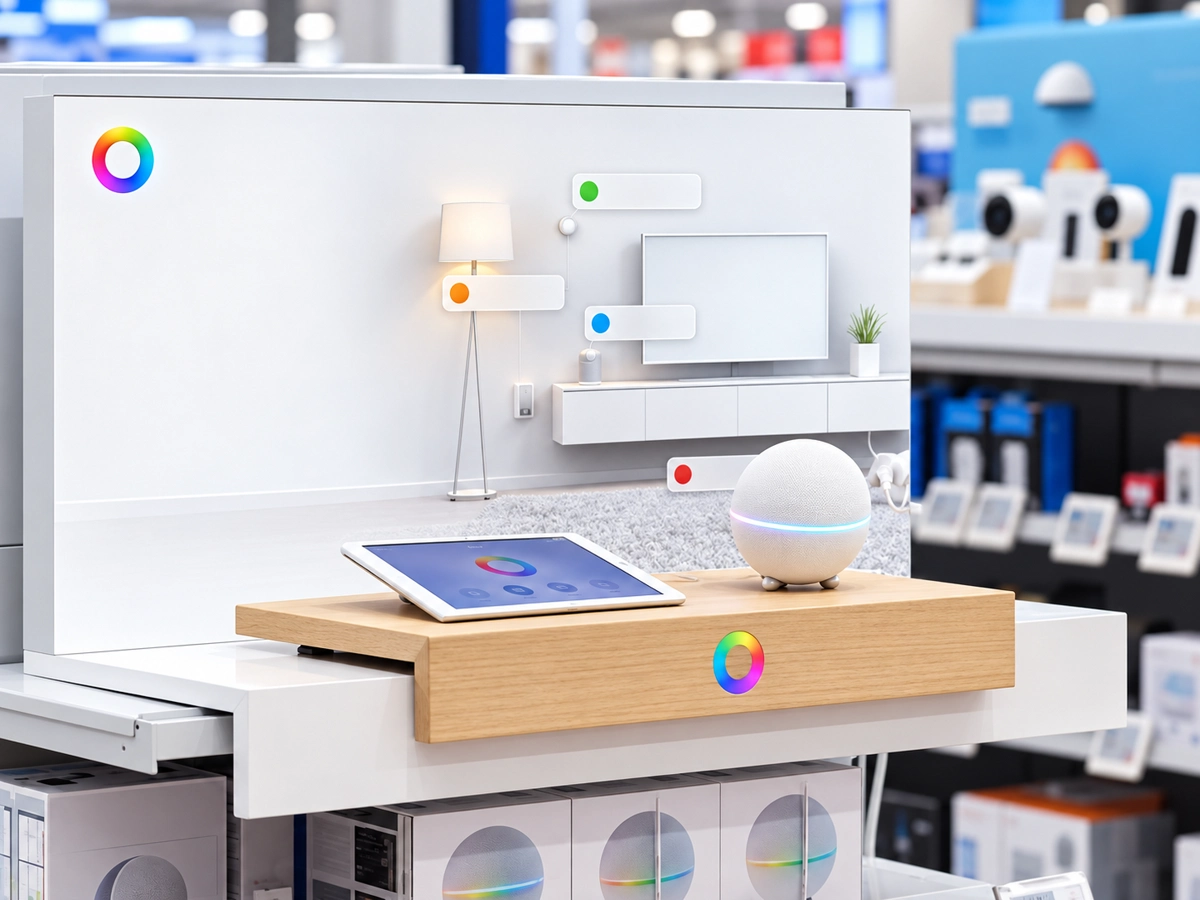 Smart home device and tablet on a wood and white retail demonstration display
