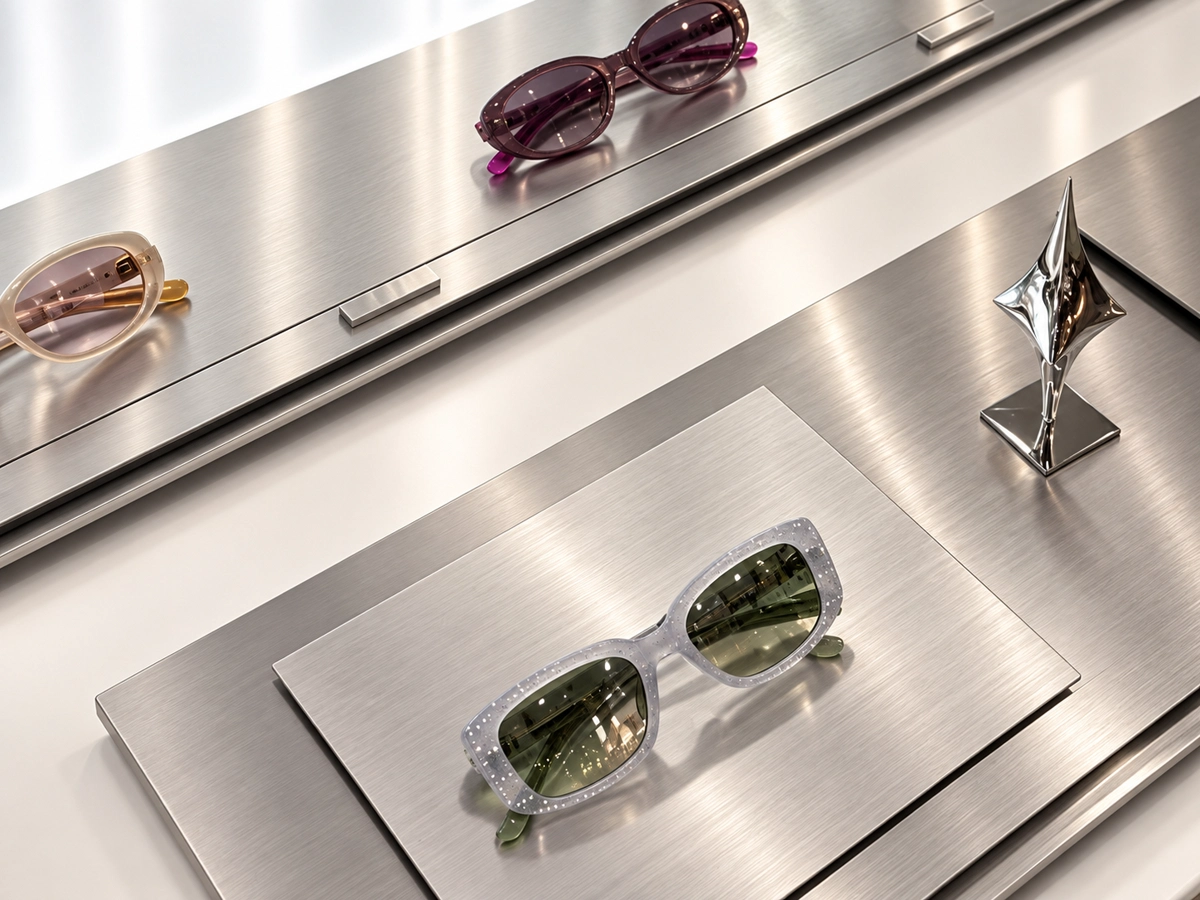 Sunglasses displayed on brushed metal presentation trays