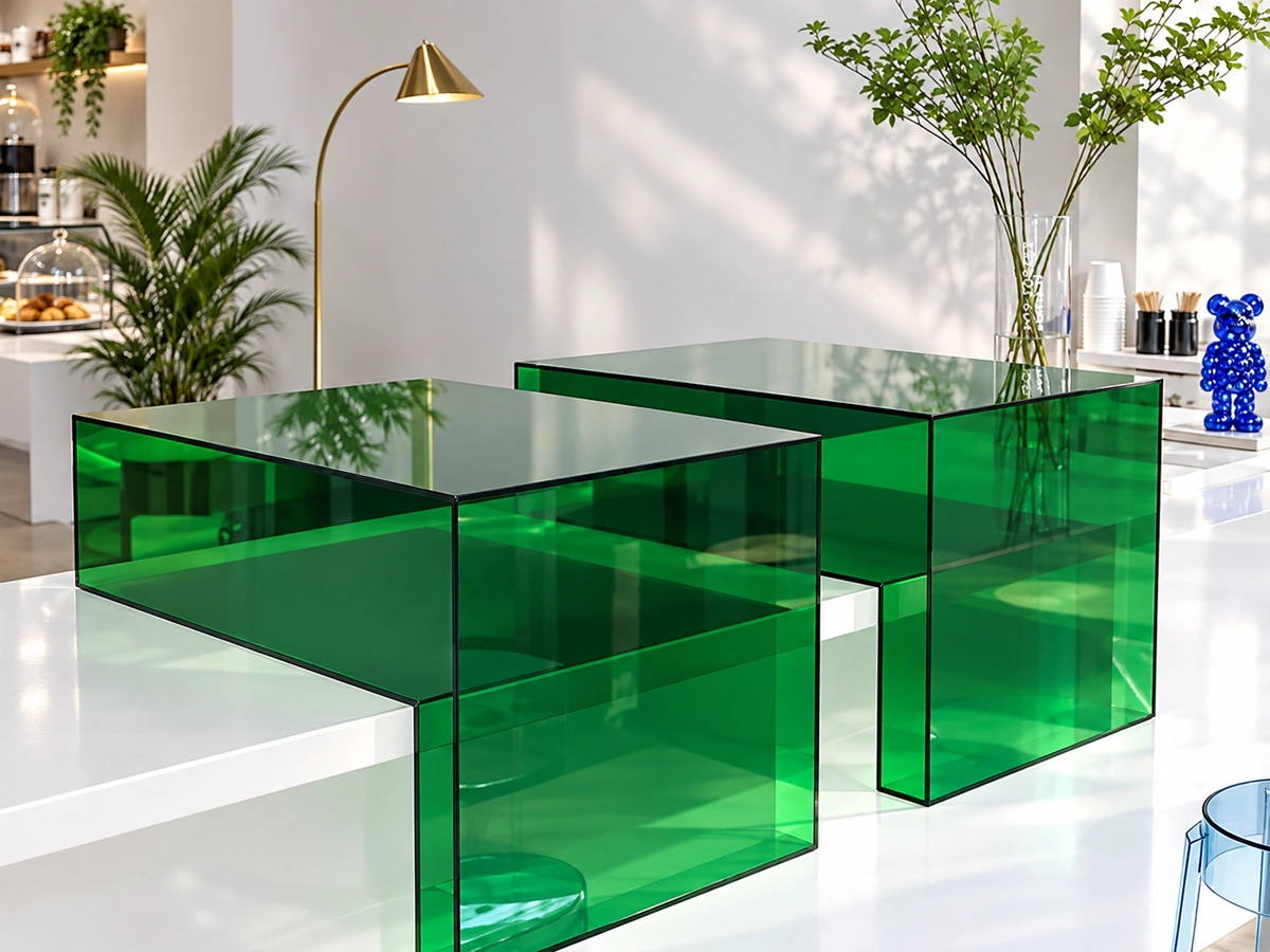 Green transparent counter displays in a bright cafe interior