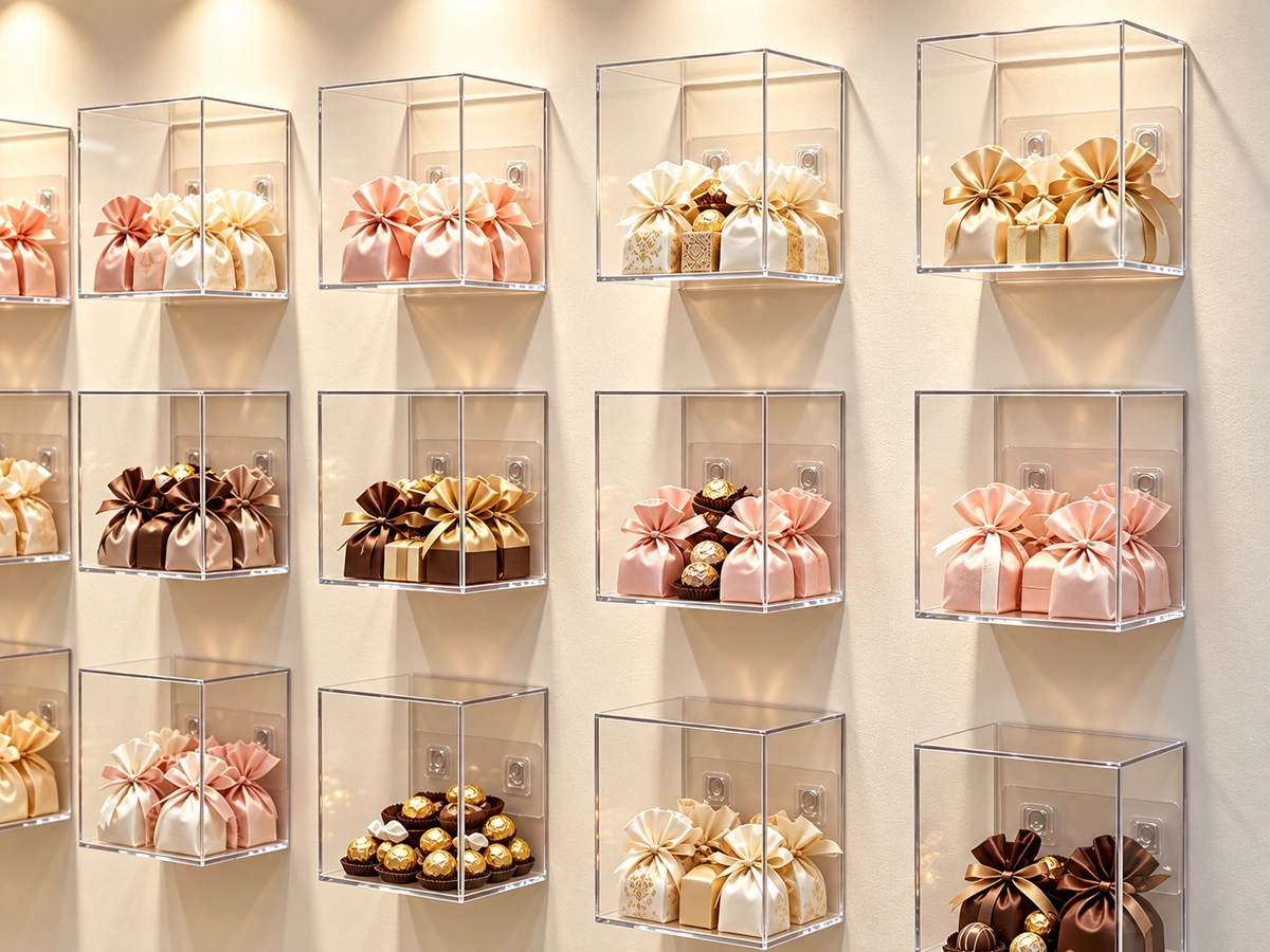 Gift pouches and wrapped chocolates in clear wall-mounted display boxes