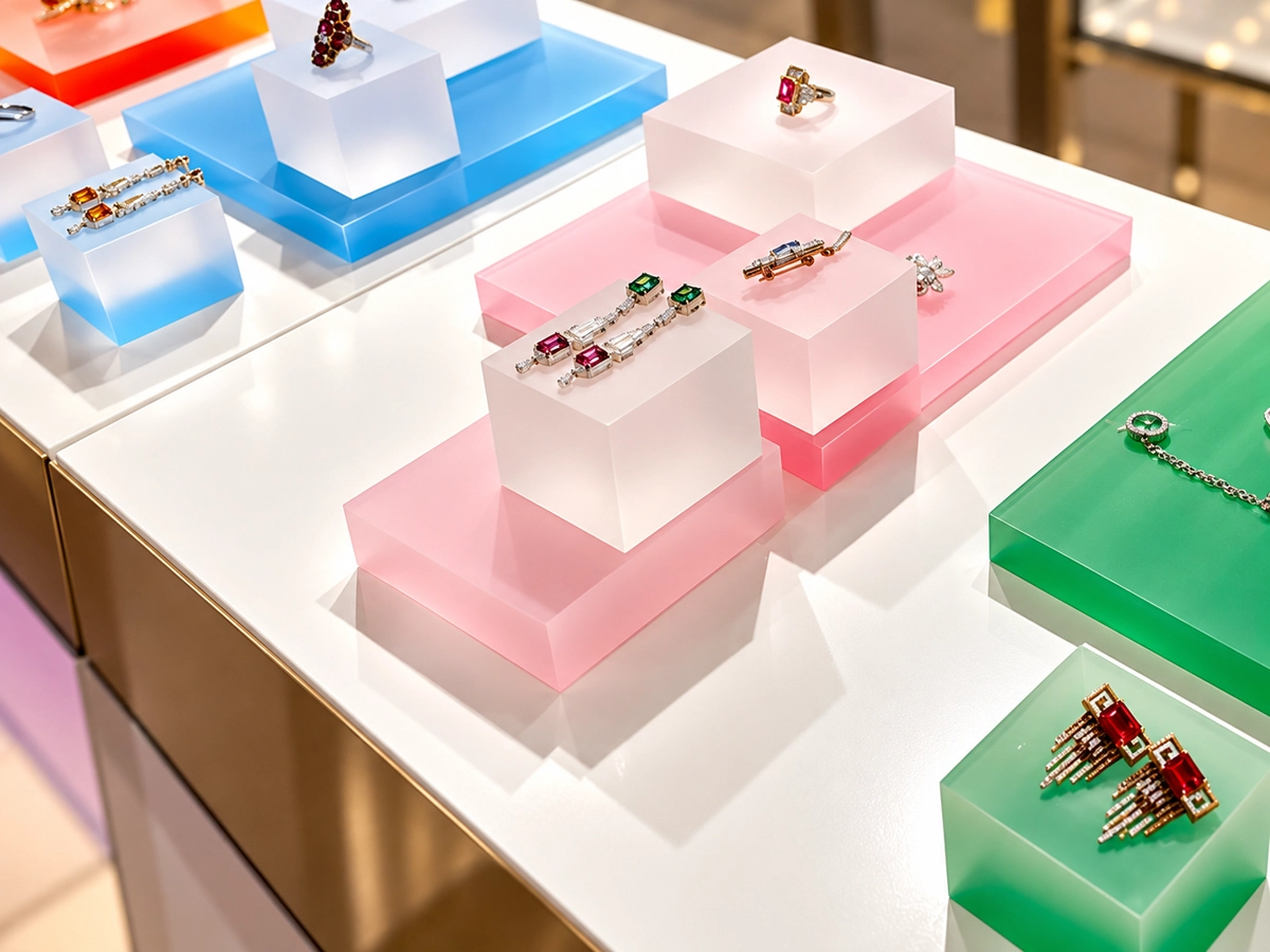 Jewelry arranged on pink, blue and green translucent display blocks