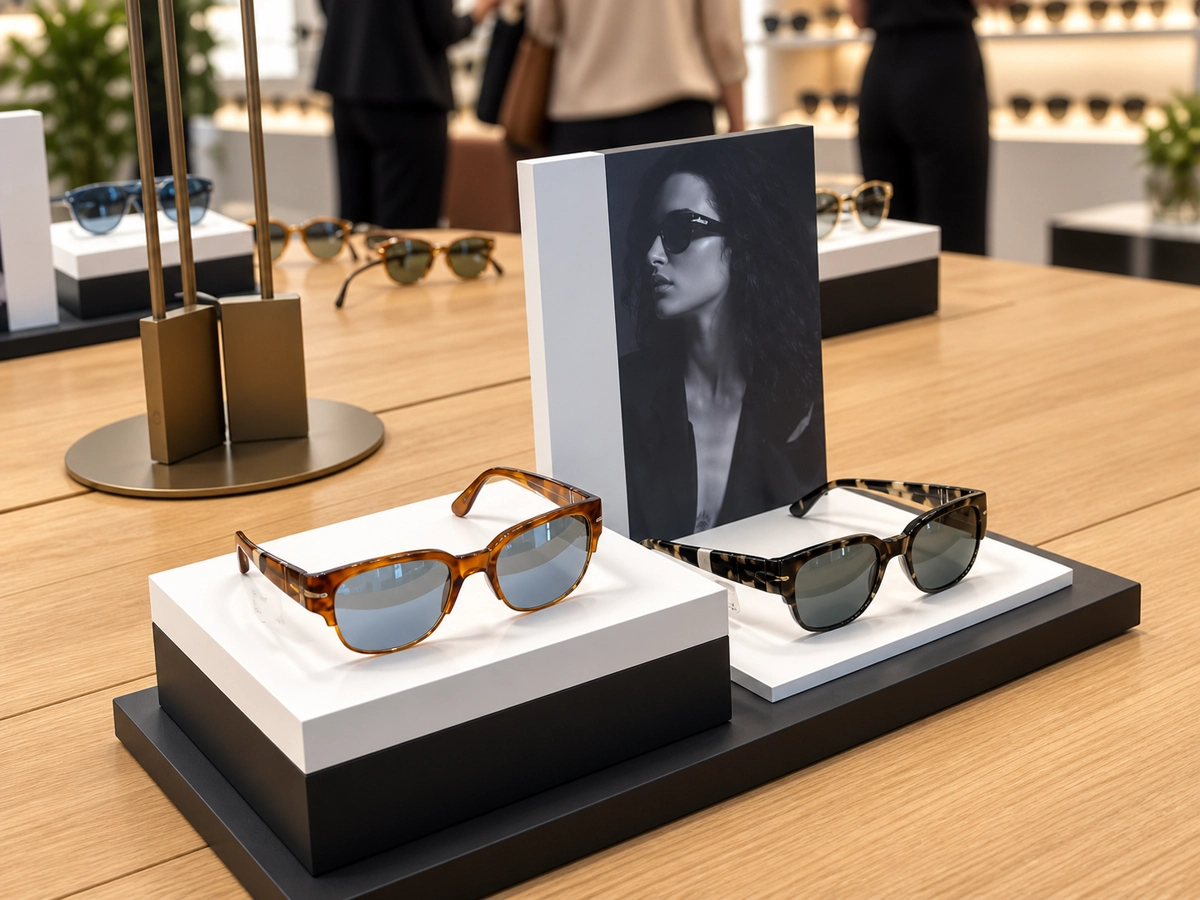 Sunglasses on stepped white and black display bases on a wooden counter