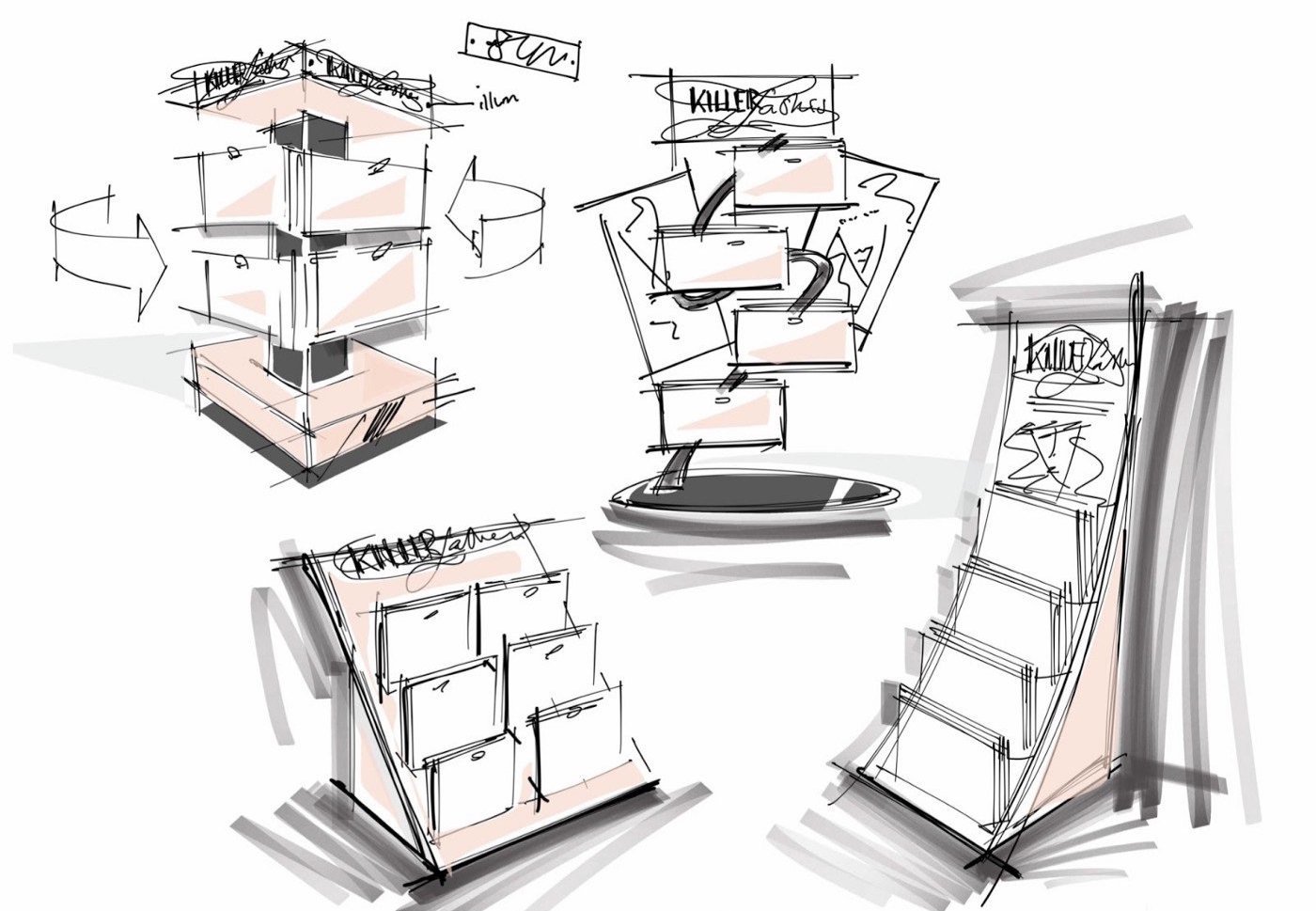 Concept sketches of freestanding and countertop retail display stands