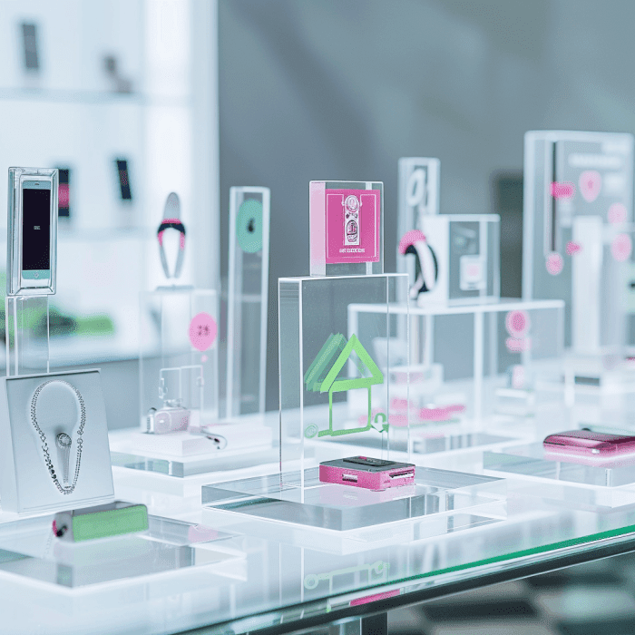 Clear acrylic retail display stands presenting small products and accessories