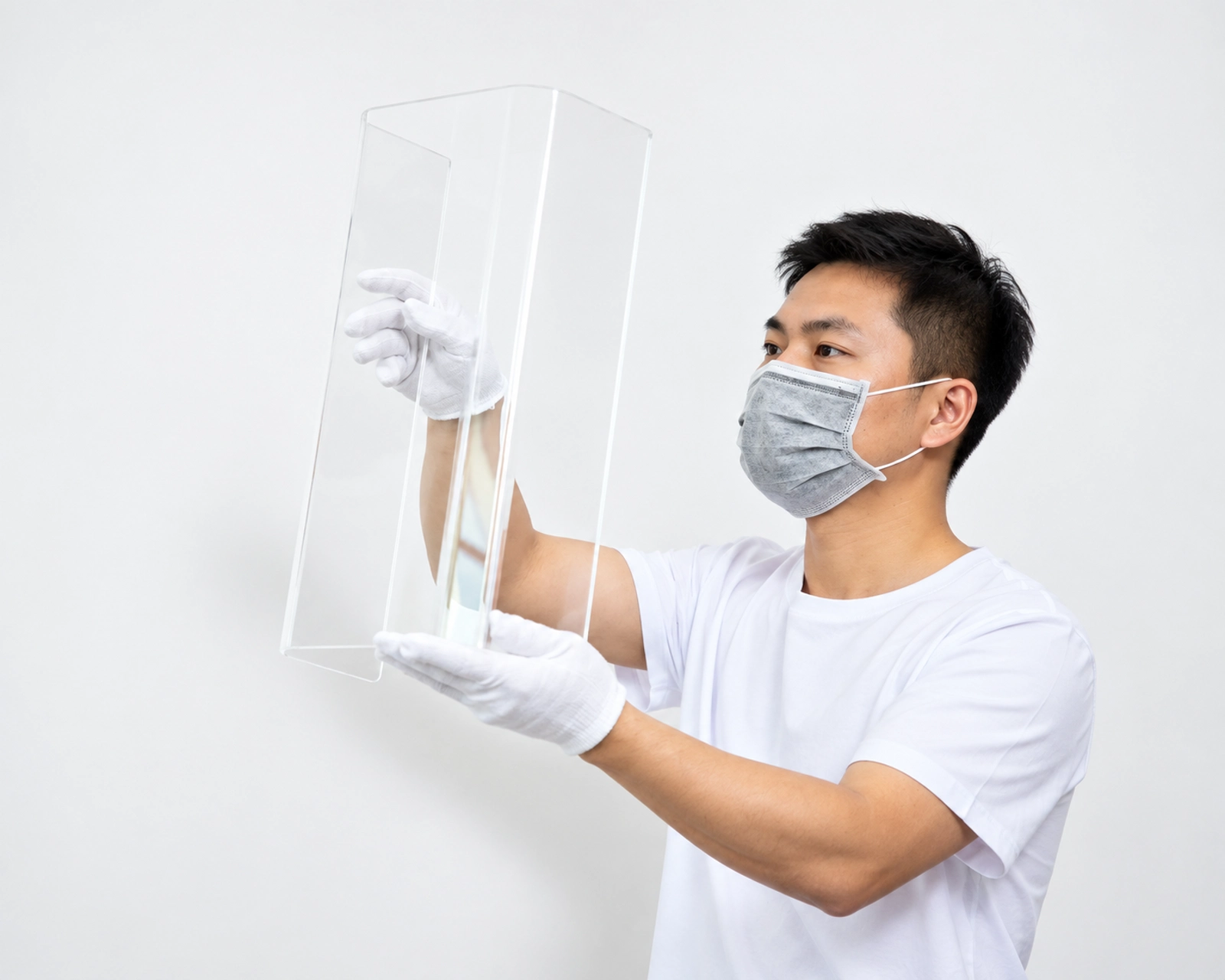 Inspector wearing white gloves and a mask examining a clear acrylic display component