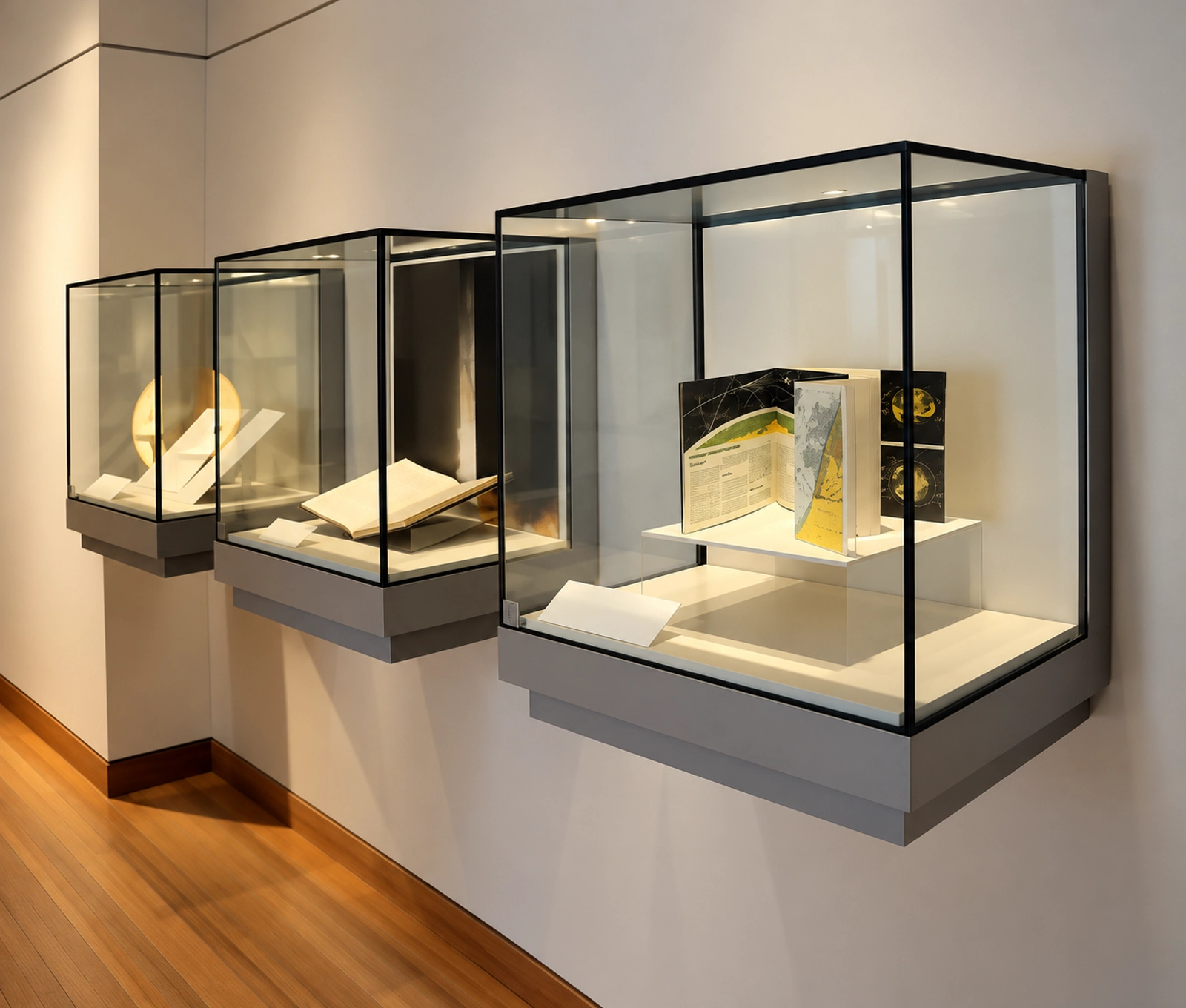 Black-framed wall-mounted display cases holding open books