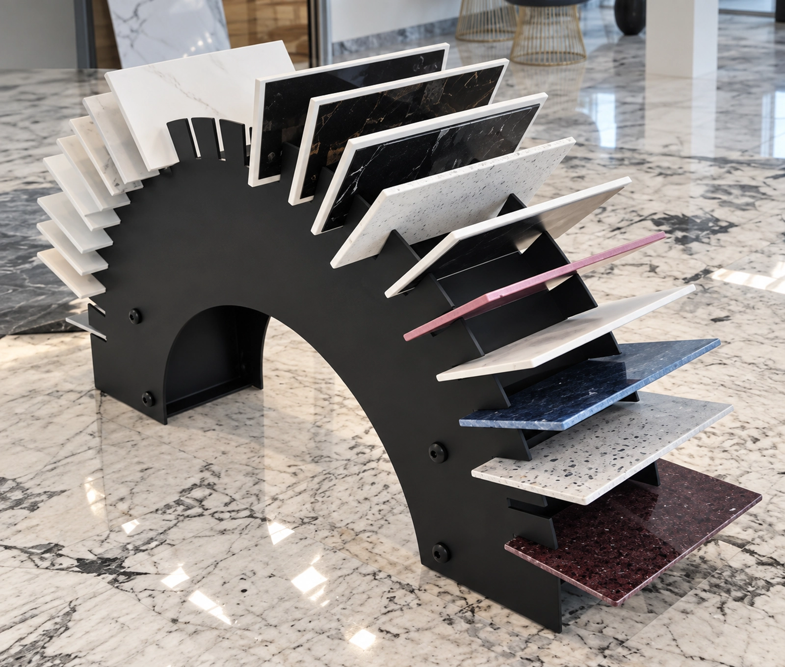 Black arched countertop rack holding rectangular surface samples
