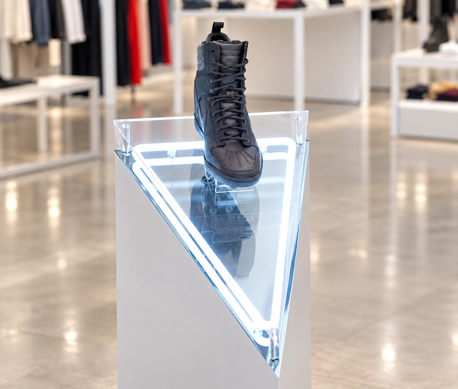 Black boot on a white floor-standing pedestal with an illuminated triangular top
