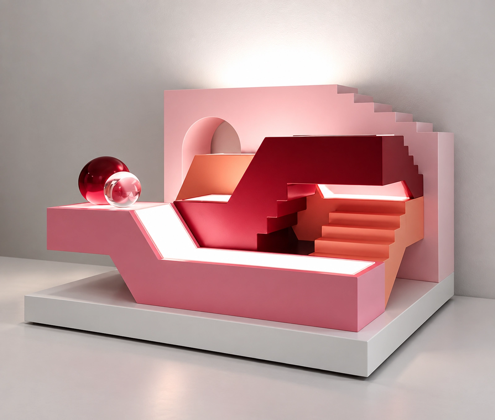 Pink and red stepped display with integrated white lighting