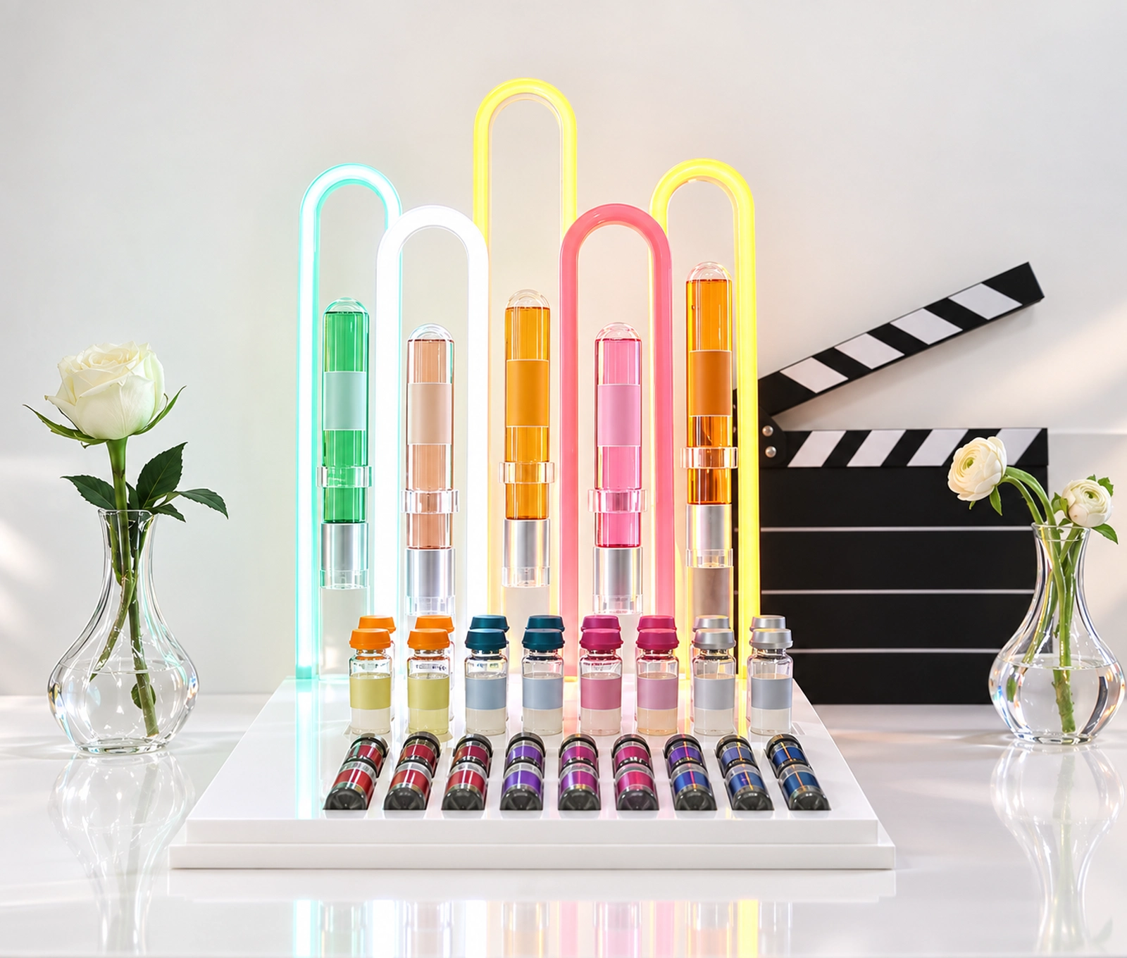 Small bottles arranged on a tiered display with colorful illuminated arches