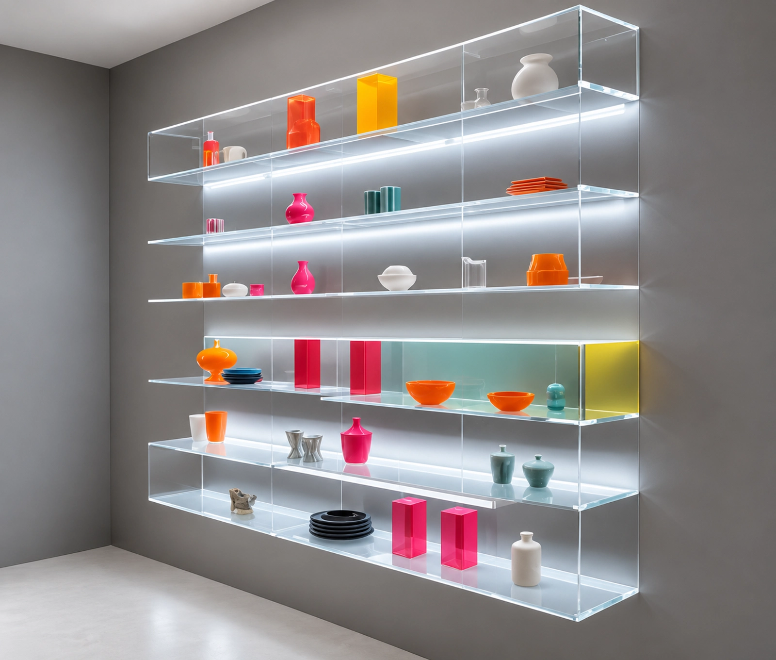 Transparent wall-mounted shelves with integrated lighting and colorful tableware