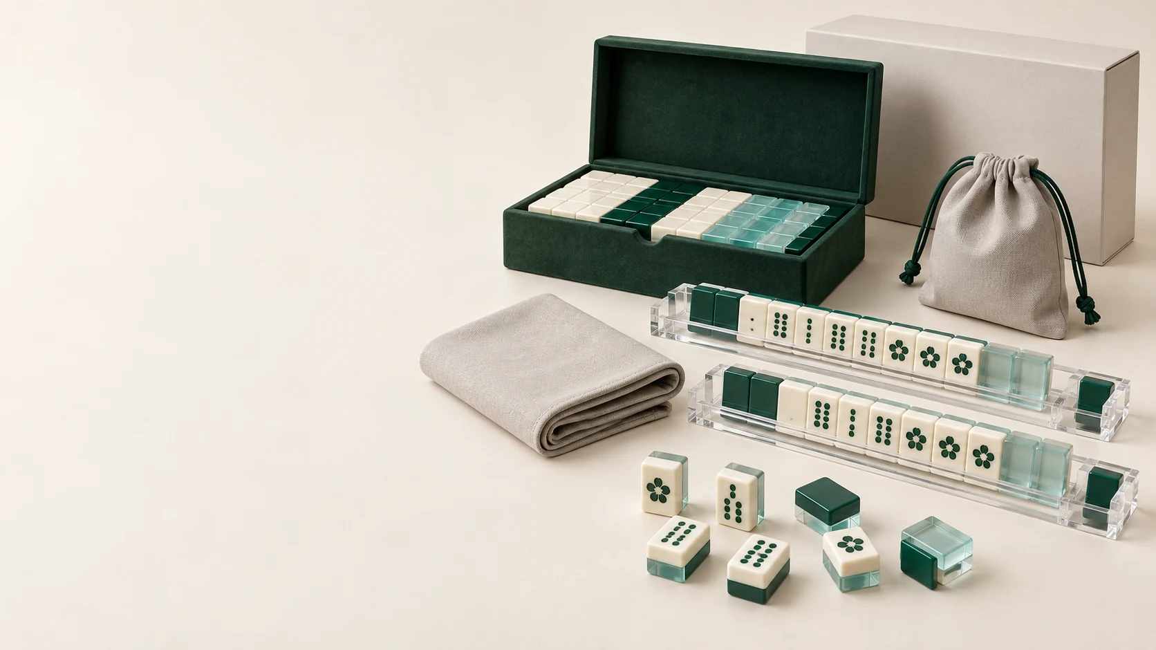 AI-generated development illustration of an unbranded acrylic mahjong set with accessories. Not a photograph of a manufactured TC product.