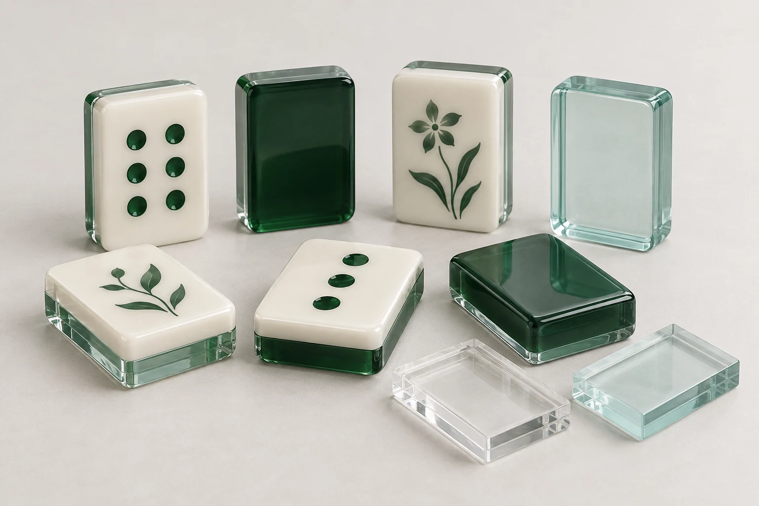 Development illustration of acrylic mahjong tile concepts; no face-marking process is depicted.