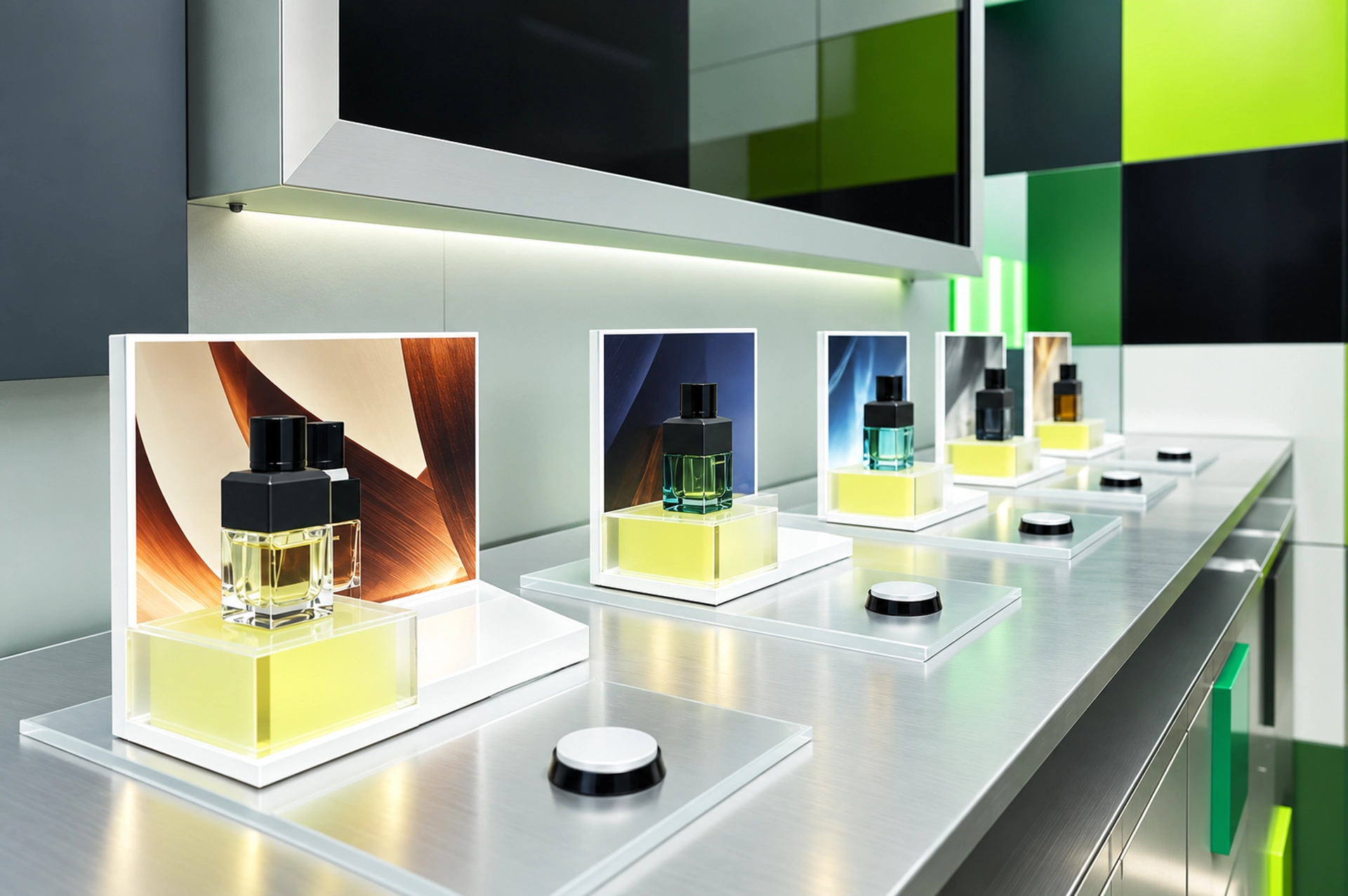 Fragrance bottles on illuminated countertop POS displays with graphic back panels and push buttons